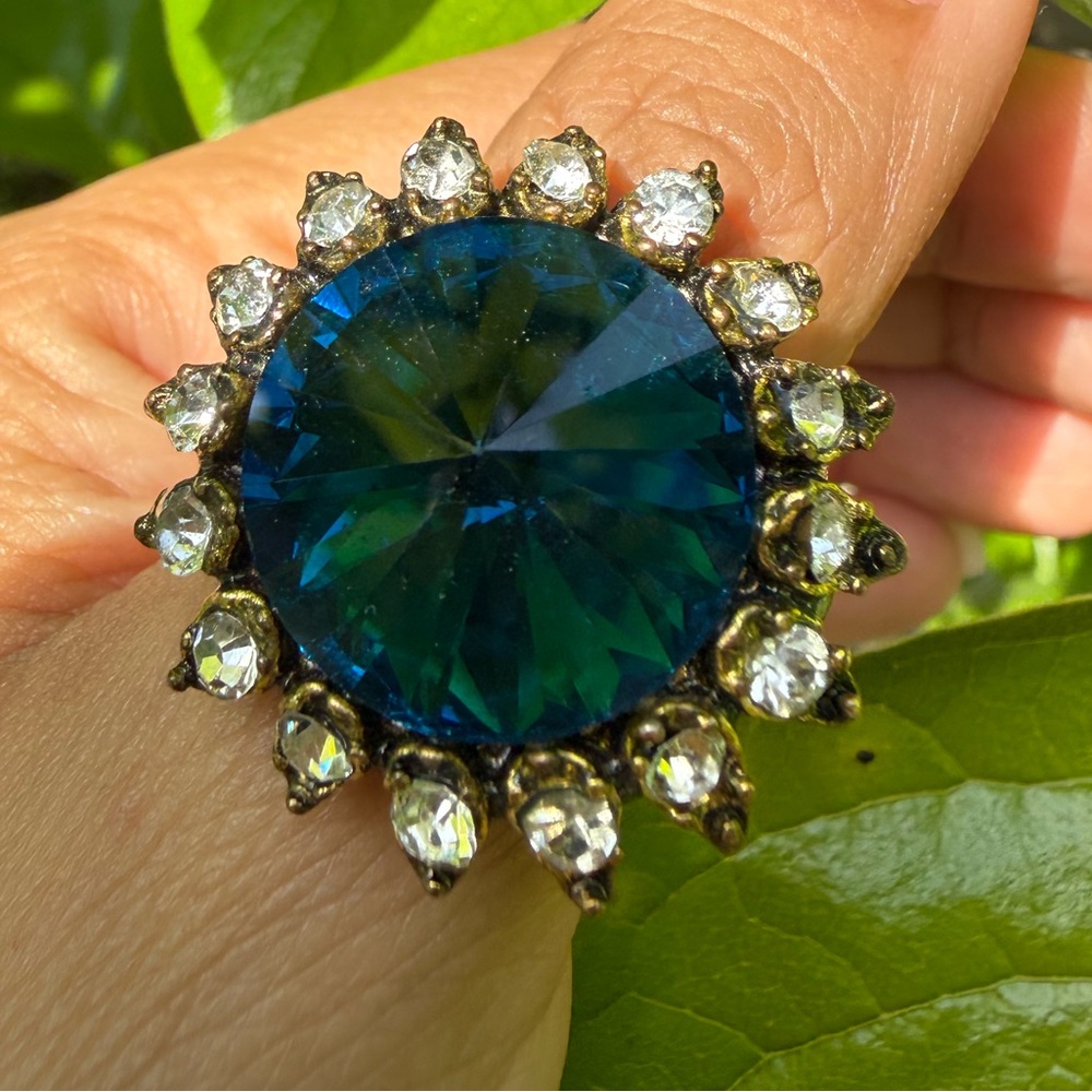 Blue Crystal Sunburst Statement Ring - image 1